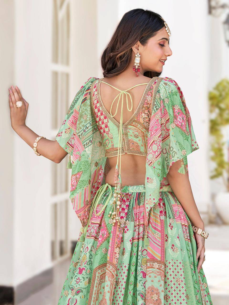 Queen Multicolor Chinnon Silk Green Lehenga choli supplier directory